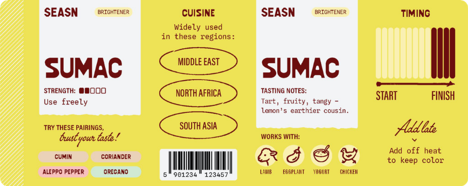 Sumac label with the Pairs With area highlighted